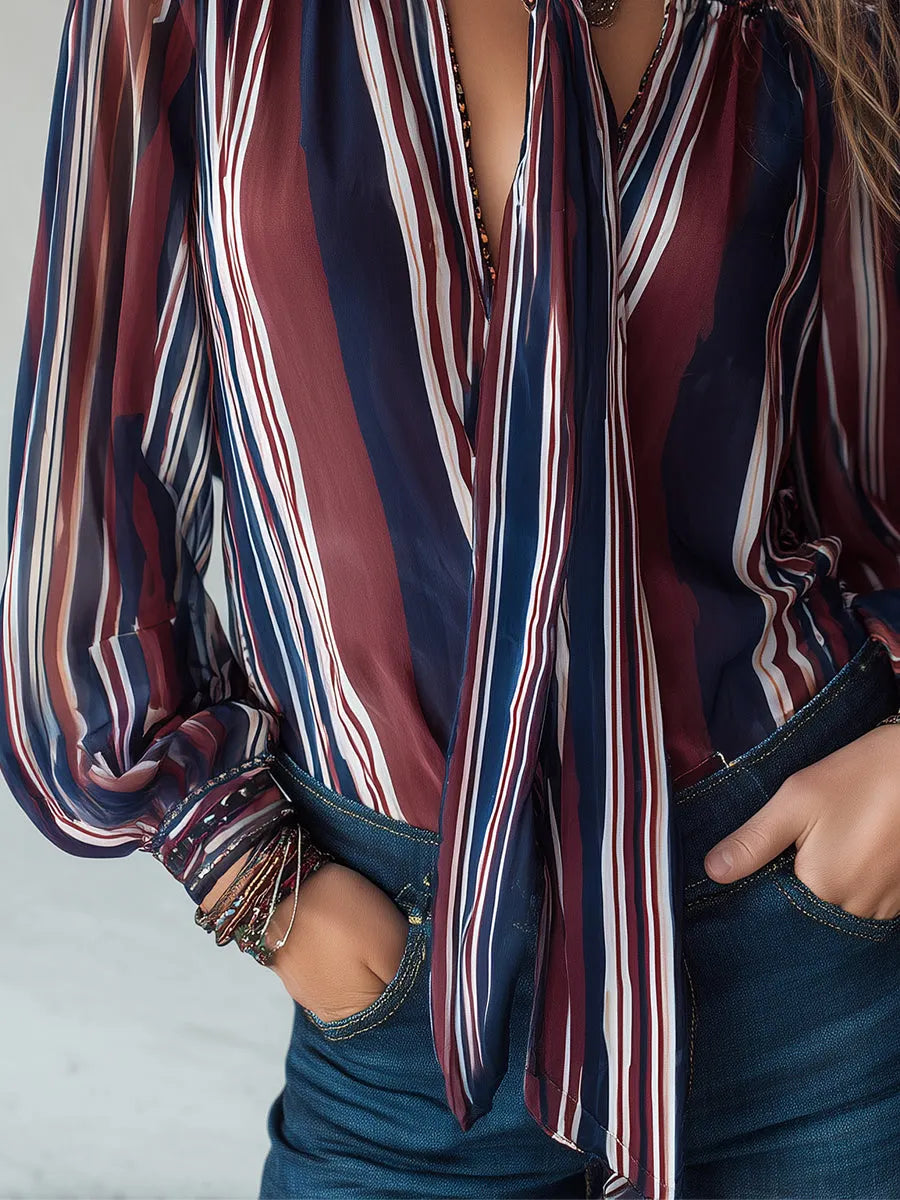 Retro Striped Print Chiffon Blouse With Lantern Sleeves (includes Scarf)