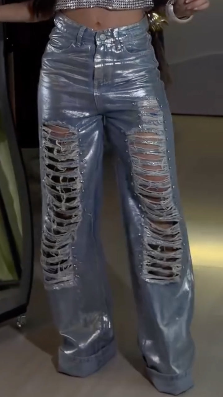 Metallic Distressed Wide-Leg Jeans