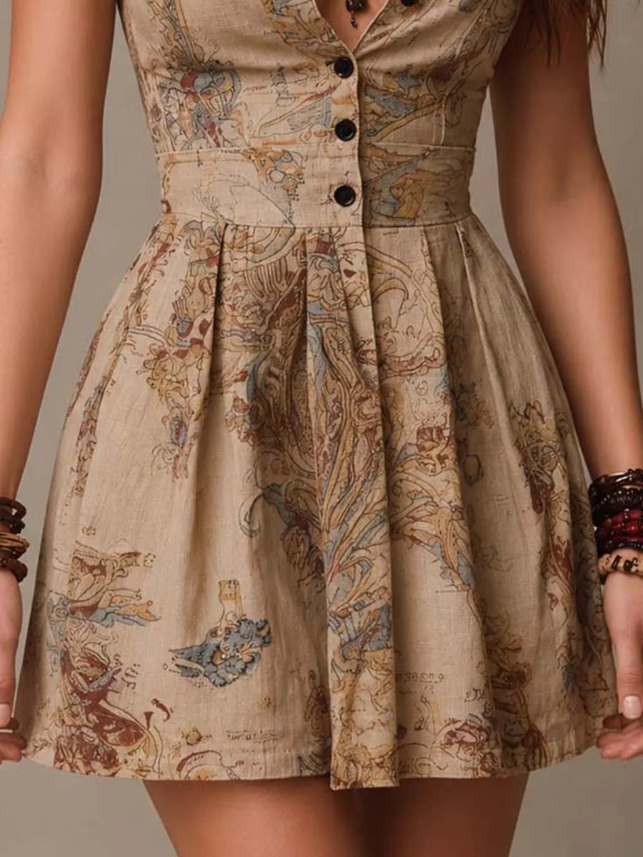Bohemian Retro Baroque-Print Faux Cotton-Linen Mini Dress
