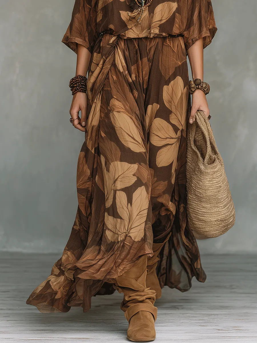 Earthy Leaf Print Relaxed Bohemian Maxi Set