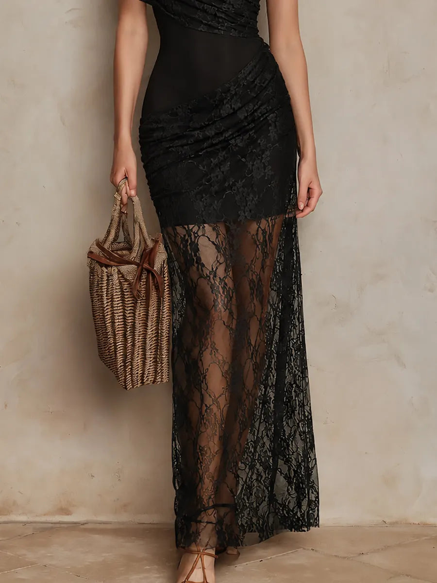 Elegant One-shoulder Slim-fit Maxi Dress With Lace Detailing