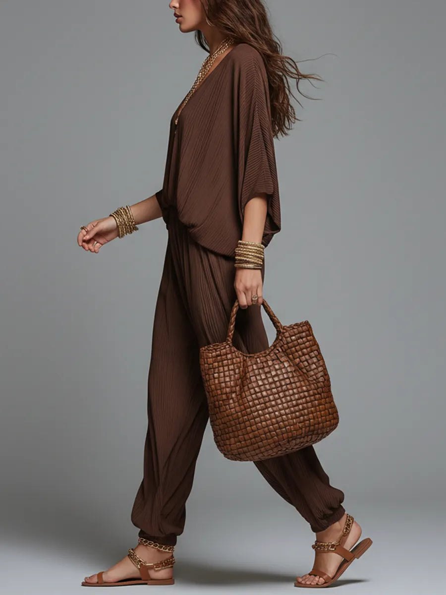 Warm Espresso Textured V-Neck Batwing Sleeve & Harem Trouser Co-ord Set