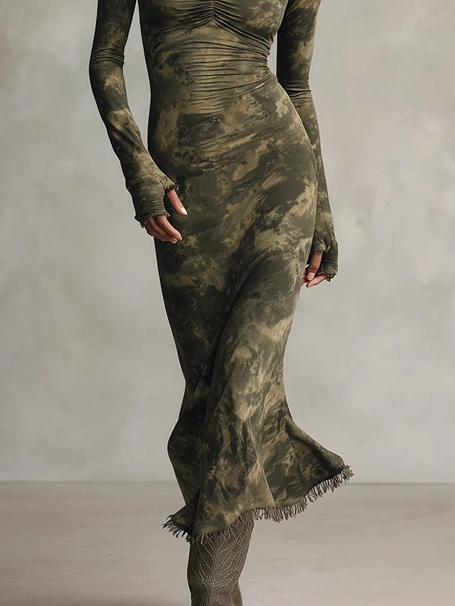 Olive Tie-Dye Ruched Square Neck Fringe Hem Midi Dress