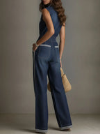 Retro Contrast Trim Denim Elastic Waist Zipper Wide-Leg Jumpsuit