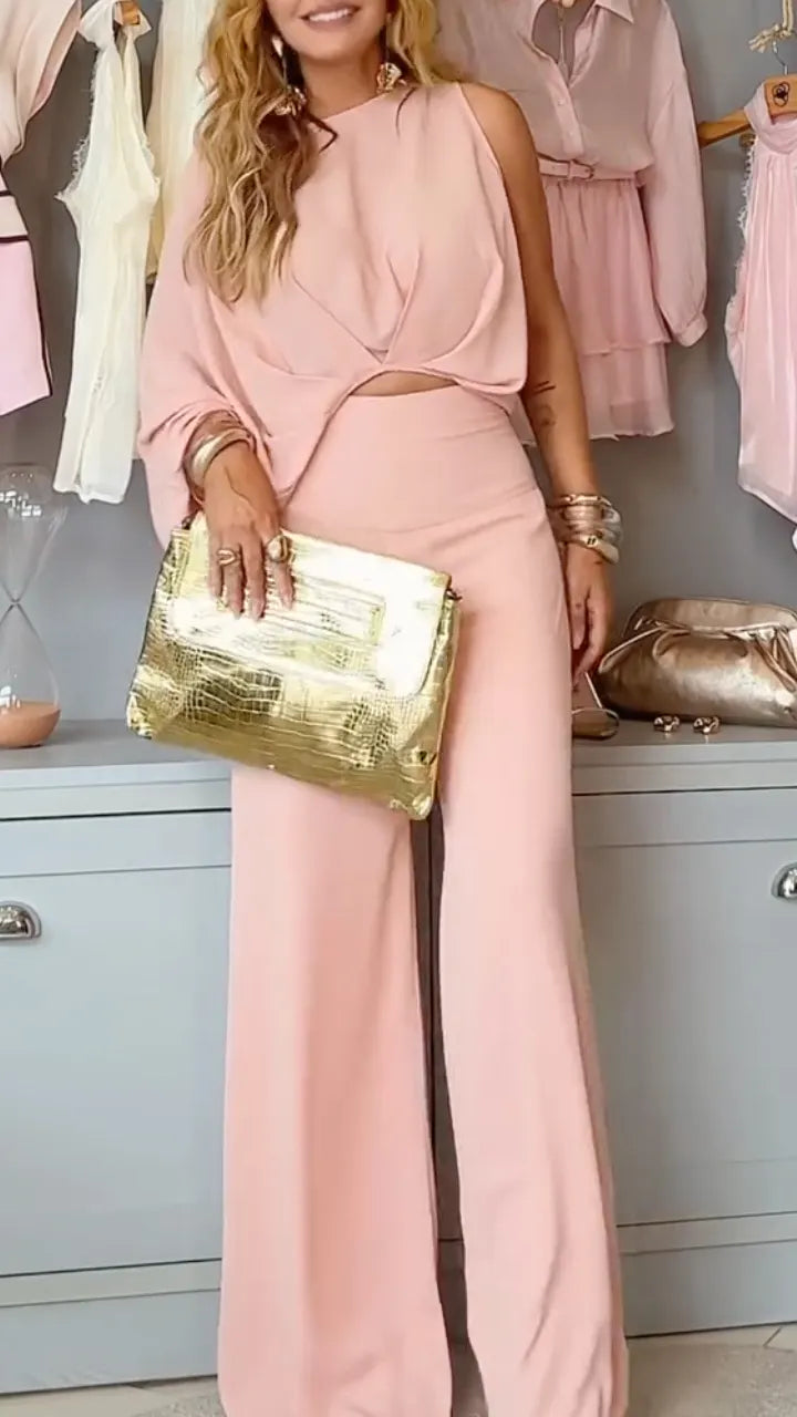 Blush Draped Asymmetric Top & Wide-Leg Pants Set