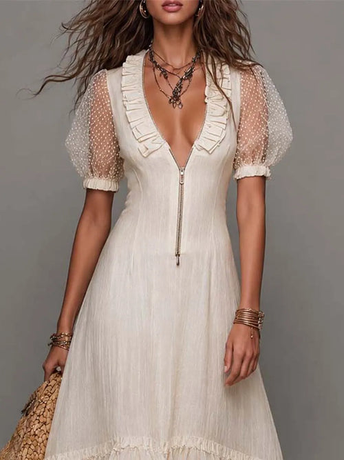 Bohemian Cream Cotton-Linen Mesh Puff Sleeve Maxi Dress