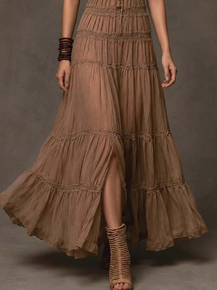Bohemian Taupe Crinkled Chiffon Lace Tiered Maxi Dress