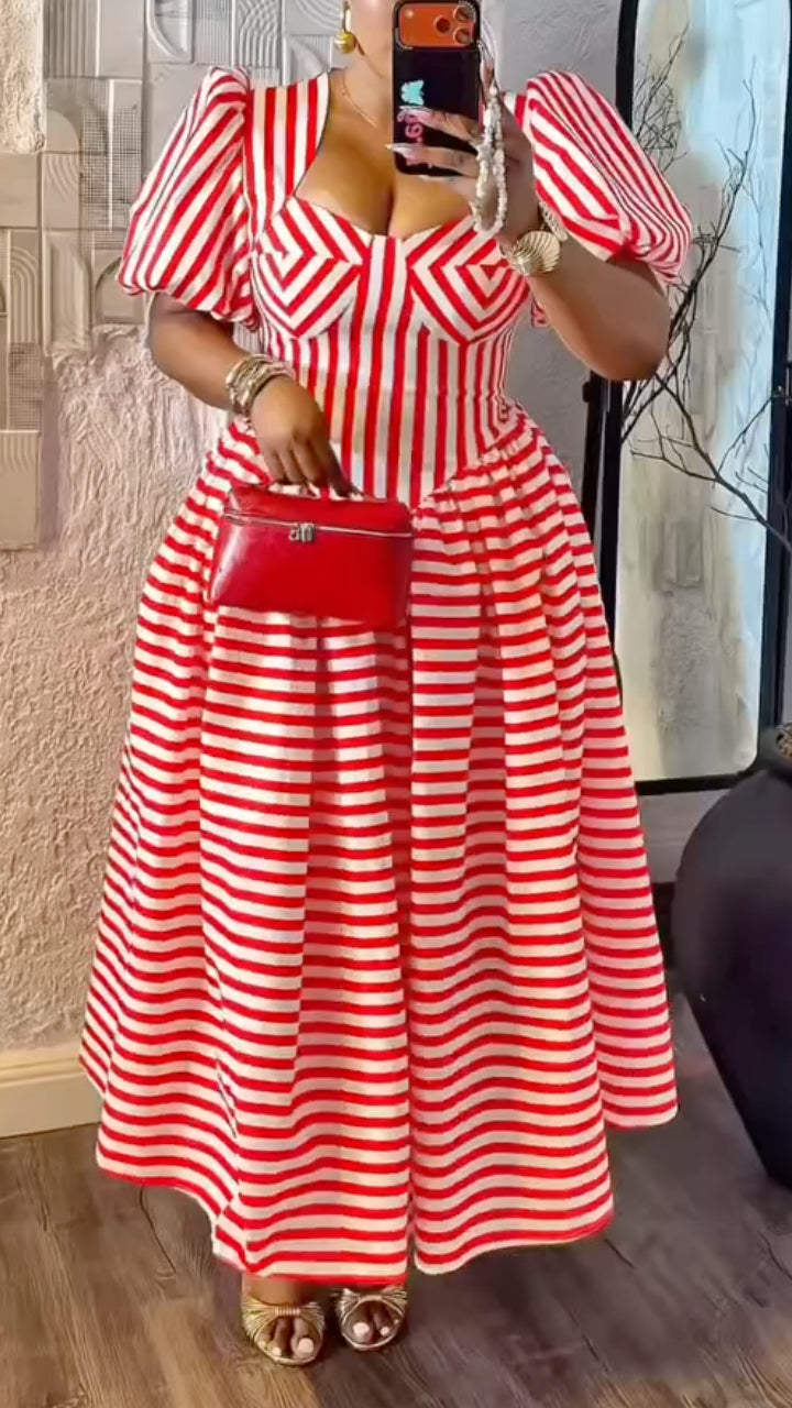 Red-and-White Stripe Puff-Sleeve A-Line Maxi Dress