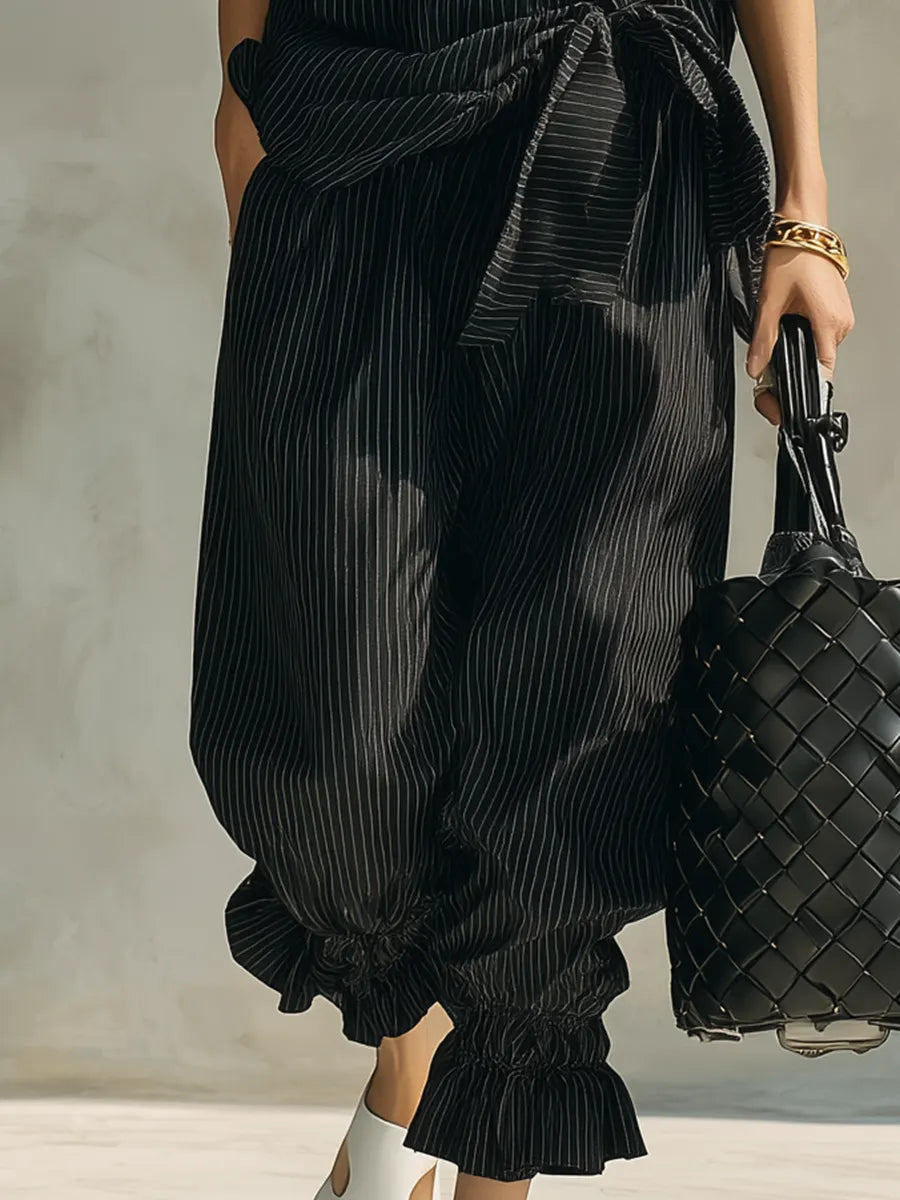 Modern Black Pinstriped Wrap-Front Set