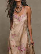 Vintage Floral Satin Spaghetti Strap Ruffle Hem Maxi Dress