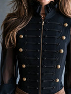 Retro Band‑Style Cropped Jacket Ruffle Stand Collar Sheer Long‑Sleeve Shirt