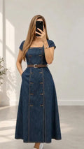 Square-Neck Double-Button Denim A-Line Dress