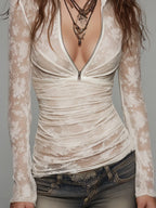 Boho Fitted Long-sleeve Lace Blouse With A Partial Front Zipper