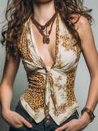 Retro Leopard & Floral Print Tie-Front Tank Top