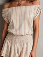 Retro Off-Shoulder Shirred Waist Striped Mini Dress