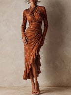 Bohemian Copper Foil Ruched Keyhole Ruffle Midi Dress