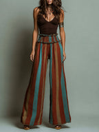Retro Knit Tank Top & Striped Wide-Leg Pants Set