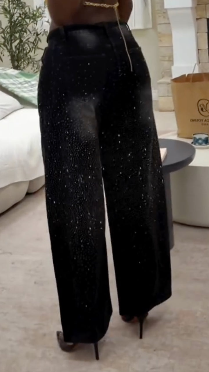 Rhinestone Embellished Wide-Leg Jeans
