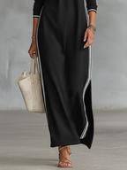Women's Minimalist White-trimmed Button-down Collar Sweatshirt Maxi Dress