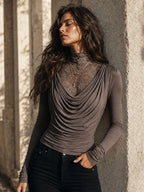 Boho Taupe Lace Mock Neck Draped Cowl Long Sleeve Two-in-One Top