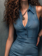 Boho Chic Blue Sleeveless Denim Bodycon Mini Dress