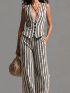 Retro Striped Slim-Fit Vest & Lace-Trimmed Wide-Leg Pants Set
