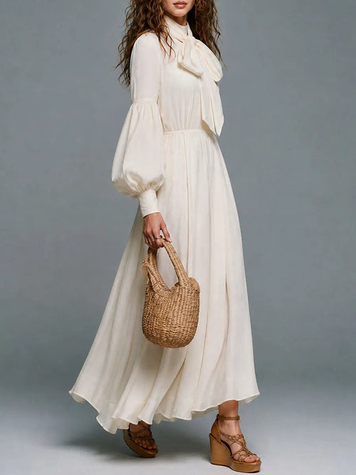Bishop Sleeve Bow-Tie Neck Maxi Dress