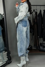 Light-Wash Sparkle Belted Denim Jacket & Relaxed Pants Set