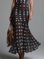Elegant Halter-neck Polka-dot Mesh Mermaid Maxi Dress