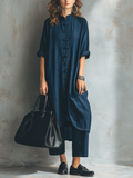 Cultural Frog-Button Mandarin Collar Linen Tunic Set