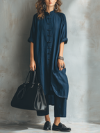 Cultural Frog-Button Mandarin Collar Linen Tunic Set