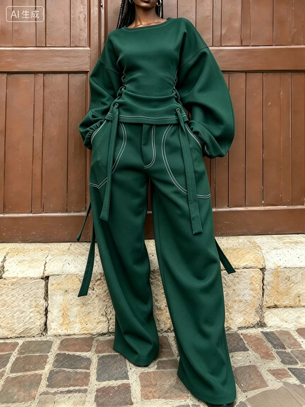 Chocolate Sculpted Top & Wide-Leg Pants Set
