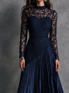 Elegant Mock Neck Lace Patchwork Pleated Satin Evening Maxi Dress