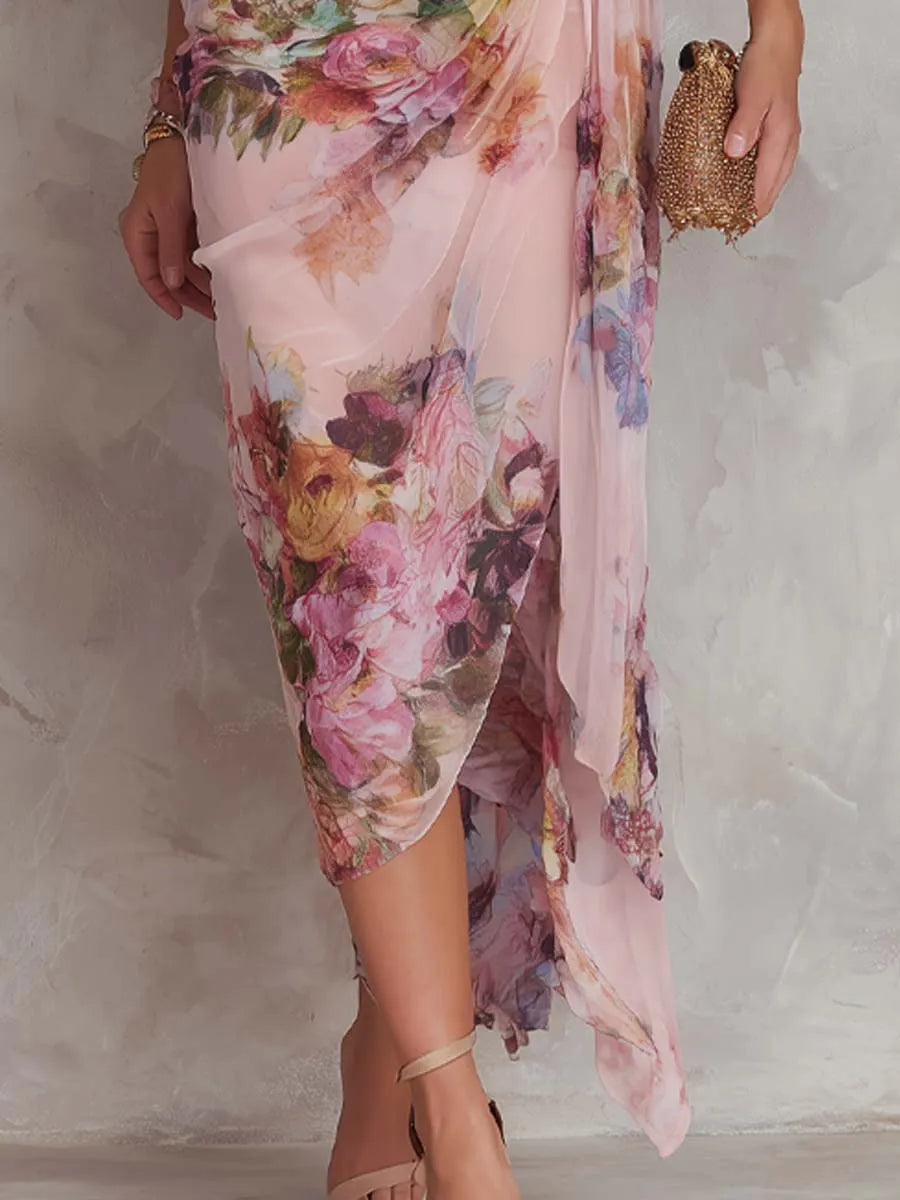 Vintage-Elegant One-Shoulder Floral Chiffon Midi Dress