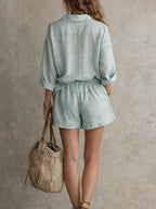 Sage Linen Relaxed Shirt Drawstring Shorts Set