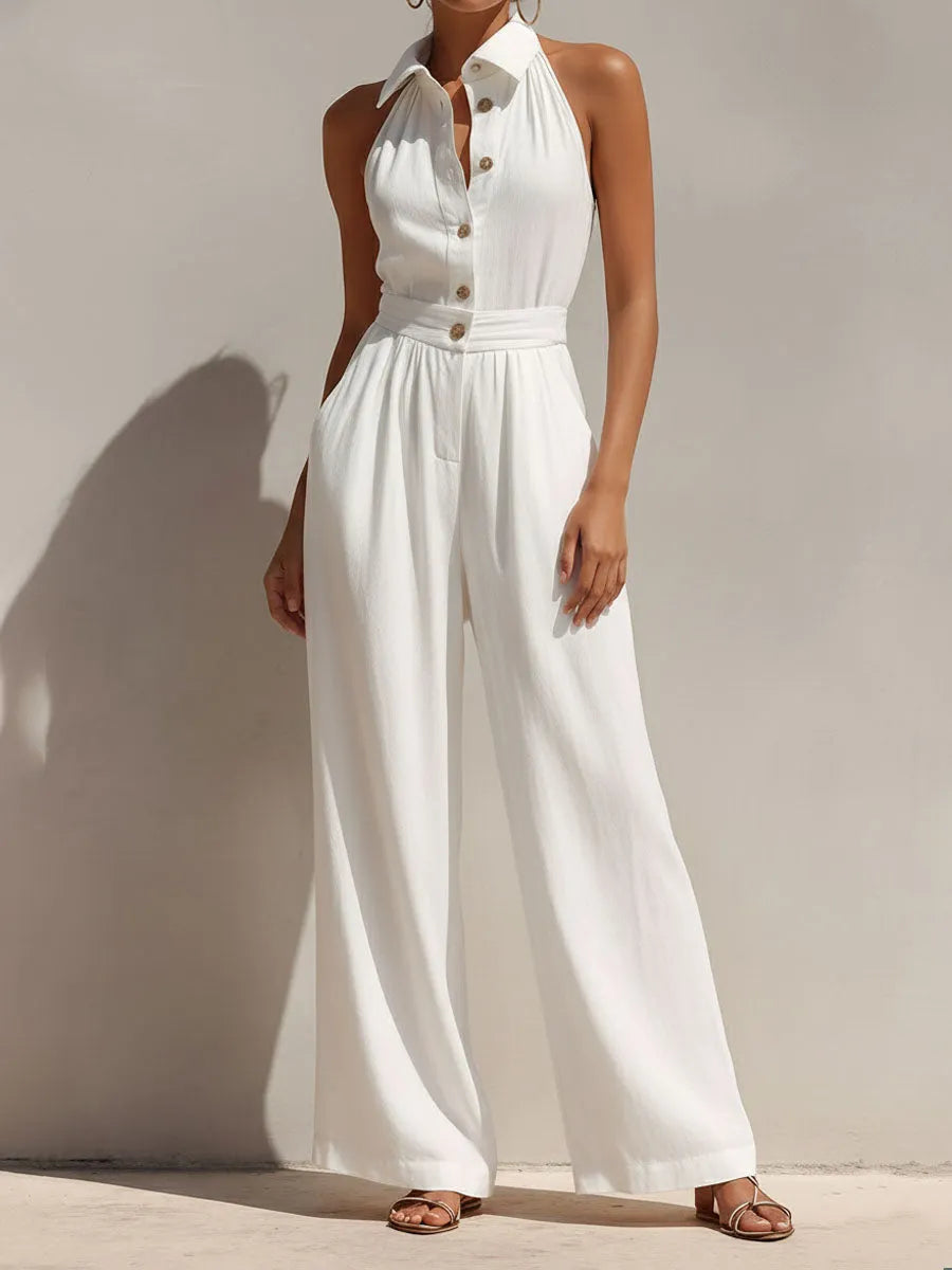 Boho Chic White Button-Front Wide-Leg Jumpsuit