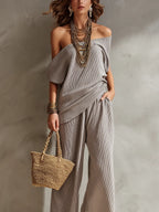 Stylish Light Gray Off Shoulder Pleated Wide Leg Pants Suit