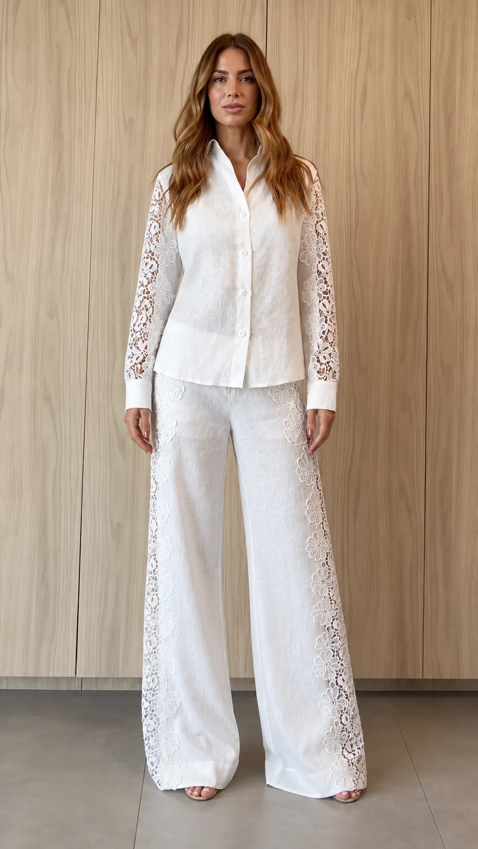 White Floral-Lace Sleeve Shirt & Wide-Leg Pants Set