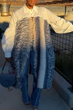 White Shirt and Leopard-Panel Asymmetric Fringe Tunic