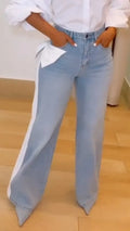 Light-Blue White-Stripe Bow-Detail Wide-Leg Jeans