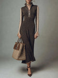 Boho Striped Zip-Up High Neck Knit Maxi Dress with Lace Sleeve Detail