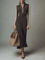 Boho Striped Zip-Up High Neck Knit Maxi Dress with Lace Sleeve Detail