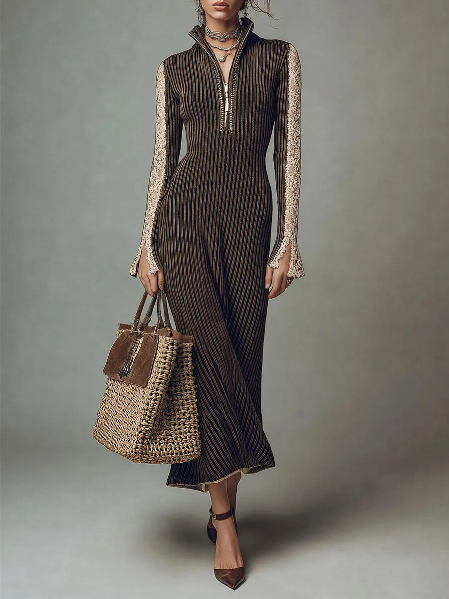 Boho Striped Zip-Up High Neck Knit Maxi Dress with Lace Sleeve Detail