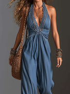 Boho Chambray Denim Halter Lace-Trim Deep V Backless Wide-Leg Jumpsuit