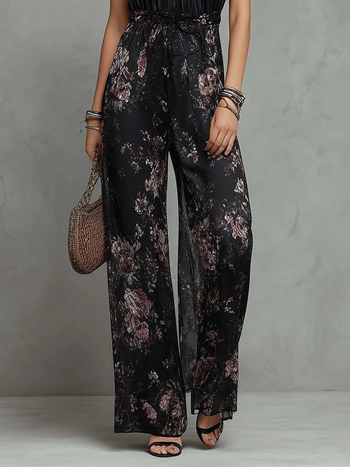Black Floral Satin & Lace Halter Wide-Leg Jumpsuit