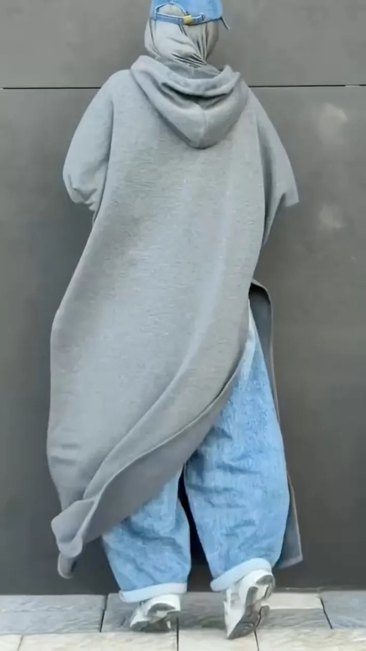 Gray Oversized Hooded Side-Slit Maxi Sweatshirt