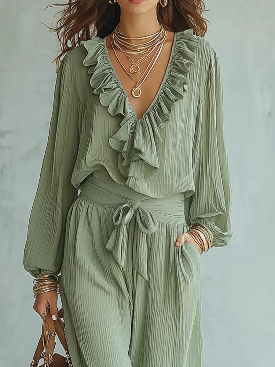 Ethereal Ruffled V-Neck Belted Wide-Leg Set