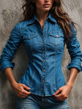 Western Medium Blue Washed Denim Contrast Stitch Fitted Shirt