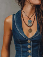Retro Peter Pan Collar Dark Blue Denim Vest