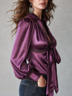 Boho Satin Silk Tie-Neck Blouse With Lantern Sleeve